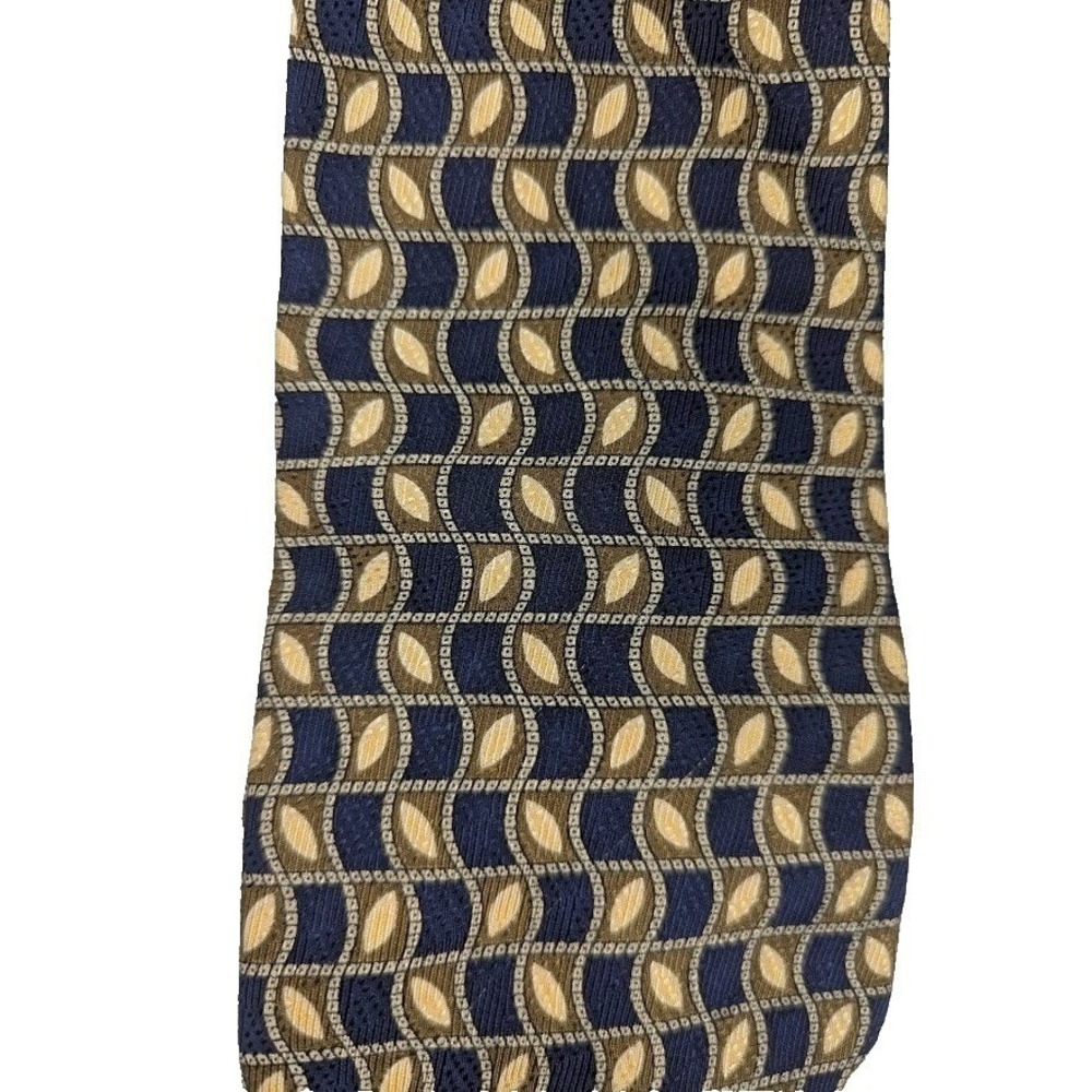 Chaps Ralph Lauren Men's Silk Necktie Navy Tan Gold Wavy Design Long - Picture 2 of 4